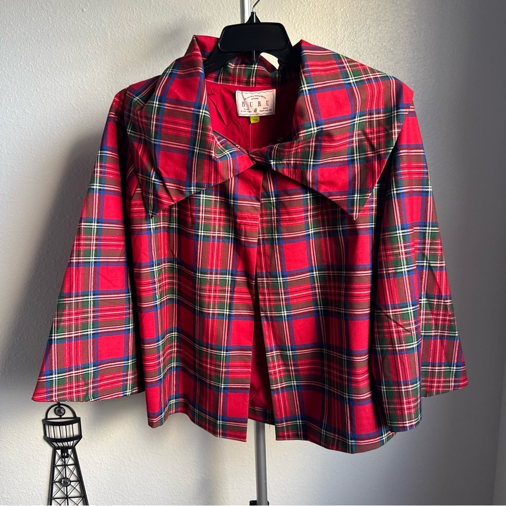 NWT Buru Grace Coordinating Tartan Printed Brocade Oversized Point Collar Coat - Picture 4 of 9